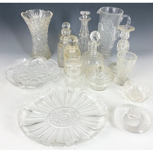 286 - MISC. CUT GLASS  ETC INCLUDING A CUT GLASS OVAL DISH, ONE OTHER, DECANTERS , VASES ETC.