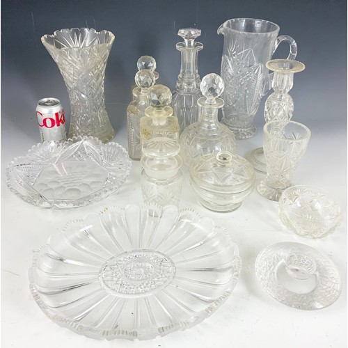 286 - MISC. CUT GLASS  ETC INCLUDING A CUT GLASS OVAL DISH, ONE OTHER, DECANTERS , VASES ETC.