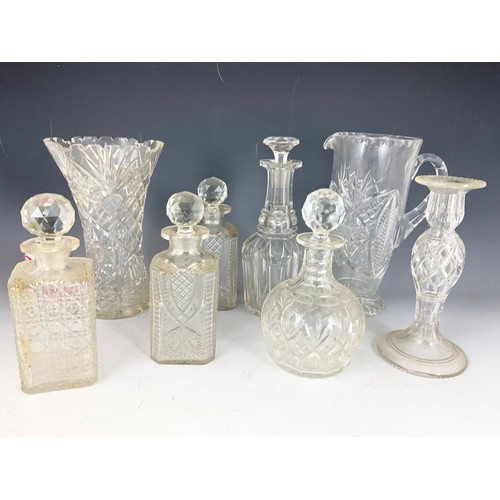 286 - MISC. CUT GLASS  ETC INCLUDING A CUT GLASS OVAL DISH, ONE OTHER, DECANTERS , VASES ETC.