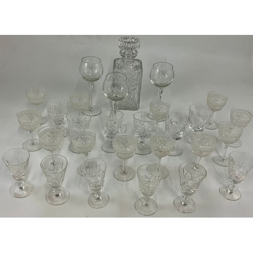 288 - CUT GLASS DECANTER WITH ETCHED SUNFLOWERS DECORATION, THREE ETCHED WINE GLASSES WITH HORSE AND RIDER... 