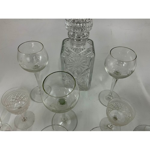 288 - CUT GLASS DECANTER WITH ETCHED SUNFLOWERS DECORATION, THREE ETCHED WINE GLASSES WITH HORSE AND RIDER... 