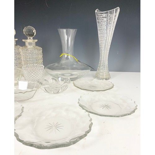 281 - GLASSWARE ETC INC SQUARE DECANTERS, VASES BOW;S ETC