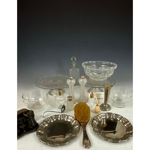 291 - PAIR GLASS VASES WITH SILVER COLLARS & MIXED BOX OF GLASS/SCENT BOTTLESD, OPERA GLASSEDS, CAKE STAND... 