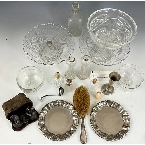 291 - PAIR GLASS VASES WITH SILVER COLLARS & MIXED BOX OF GLASS/SCENT BOTTLESD, OPERA GLASSEDS, CAKE STAND... 