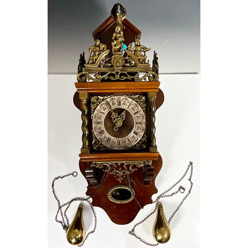 304 - ORNATE WOOD AND BRASS WALL CLOCK WITH WUBA MARK. HEIGHT OF CLOCK EXCLUDING CHAINS AND WEIGHTS APPROX... 