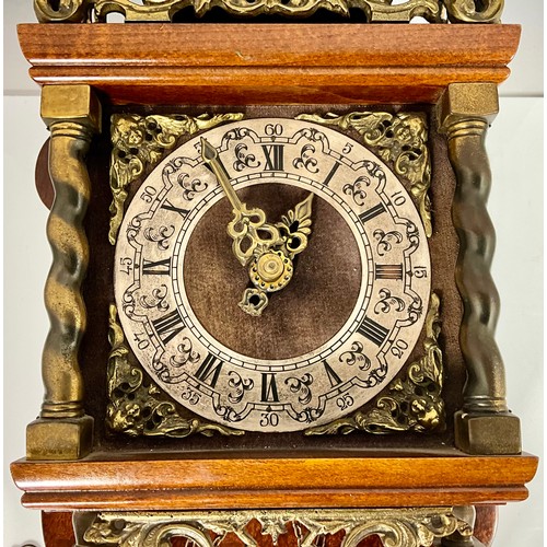 304 - ORNATE WOOD AND BRASS WALL CLOCK WITH WUBA MARK. HEIGHT OF CLOCK EXCLUDING CHAINS AND WEIGHTS APPROX... 