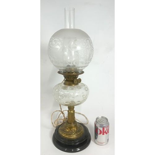 310 - VICTORIAN OIL LAMP WITH GLASS RESERVOIR CONVERTED TO ELECTRIC