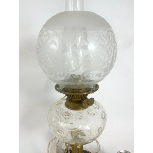 310 - VICTORIAN OIL LAMP WITH GLASS RESERVOIR CONVERTED TO ELECTRIC