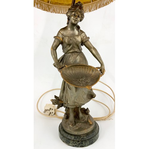 309 - SPELTER TABLE LAMP DEPICTING LADY WITH BASKET