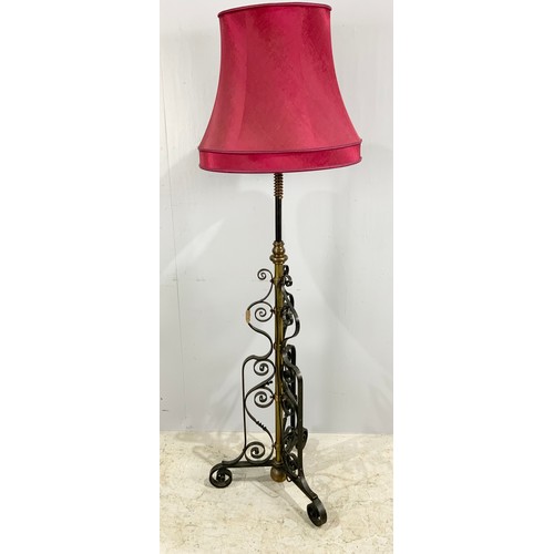 321 - WROUGHT IRON STANDARD LAMP WITH RED SHADE T/W WROUGHT IRON CEILING LIGHT WITH 2 CANDLE LIGHT FITTING... 