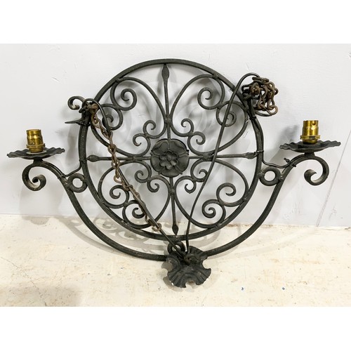 321 - WROUGHT IRON STANDARD LAMP WITH RED SHADE T/W WROUGHT IRON CEILING LIGHT WITH 2 CANDLE LIGHT FITTING... 