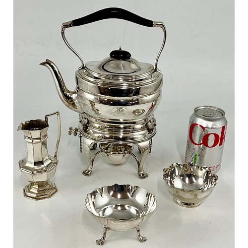 332 - MAPPIN AND WEBB SPIRIT KETTLE ON STAND, BONBON DISHES AND CREAM JUG