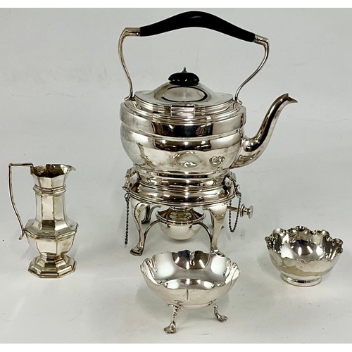 332 - MAPPIN AND WEBB SPIRIT KETTLE ON STAND, BONBON DISHES AND CREAM JUG