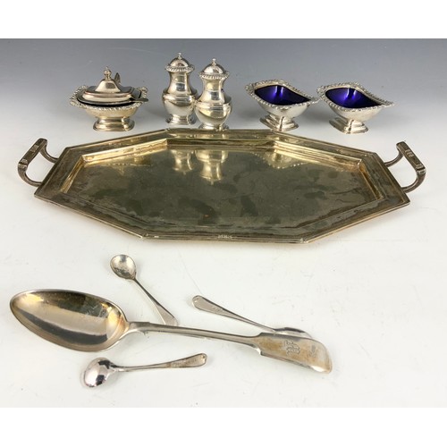 334 - 4 SILVER PLATED ENTREE DISHES WITH COVERS , A OCTAGONAL SILVER PLATED TRAY , SILVER PLATED CONDIMENT... 