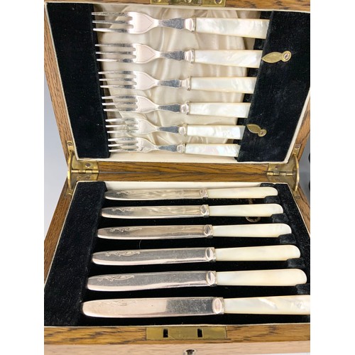 327 - CASED CUTLERY INC MOP & SILVER PLATED KNIVES & FORKS, FORKS WITH HALLMARKED HANDLES , MAPPIN& WEBB S... 