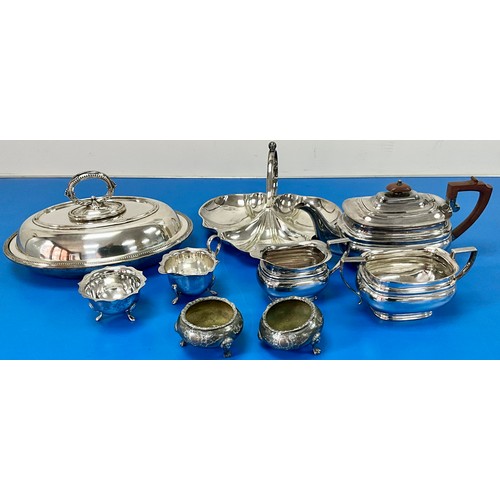 335 - SILVER PLATED TEA SERVICE AND OTHER PLATED ITEMS