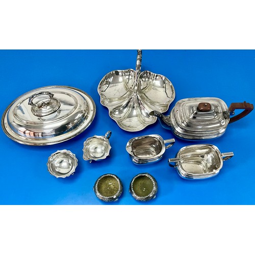 335 - SILVER PLATED TEA SERVICE AND OTHER PLATED ITEMS