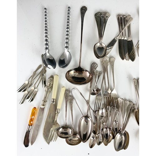 324 - QUANTITY OF FLATWARE  INC OLD HALL, BUTTER KNIVES WITH HALLMARKED SILVER HANDLES, SILVER PLATED WARE... 