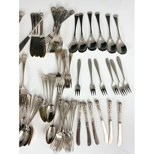 324 - QUANTITY OF FLATWARE  INC OLD HALL, BUTTER KNIVES WITH HALLMARKED SILVER HANDLES, SILVER PLATED WARE... 