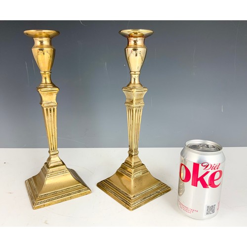 360 - PAIR OF BRASS CORINTHIAN COLUMN SQUARE SECTION CANDLESTICKS 30cm TALL