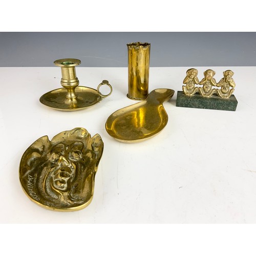 361 - BRASS INDIAN TRAY  45cm DIAMETERTOGETHER WITH A DARTMOOR BRASS DISH THREE BRASS MONKEYS AND A TRENCH... 