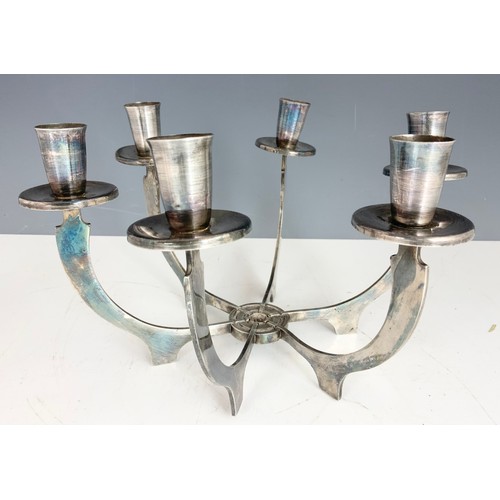 339 - STYLISH WHITE METAL 6 BRANCH CANDELABRA WITH A WHITE METAL MODERNIST STYLE 5 BRANCH CANDELABRA