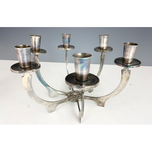 339 - STYLISH WHITE METAL 6 BRANCH CANDELABRA WITH A WHITE METAL MODERNIST STYLE 5 BRANCH CANDELABRA