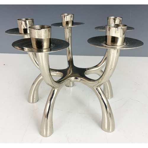 339 - STYLISH WHITE METAL 6 BRANCH CANDELABRA WITH A WHITE METAL MODERNIST STYLE 5 BRANCH CANDELABRA