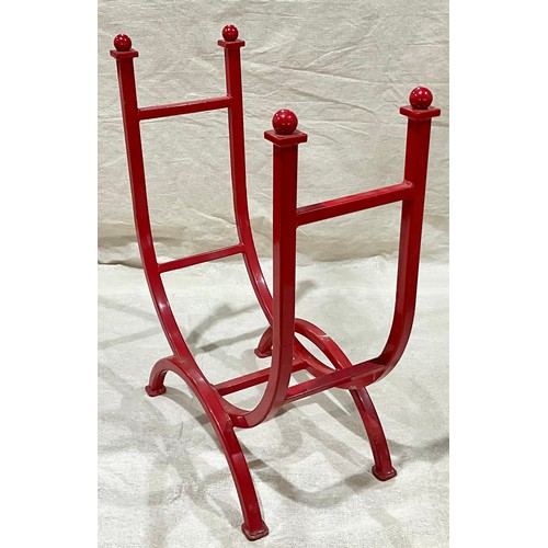 374 - LARGE BLACKSMITH MADE RED PAINTED LOG HOLDER