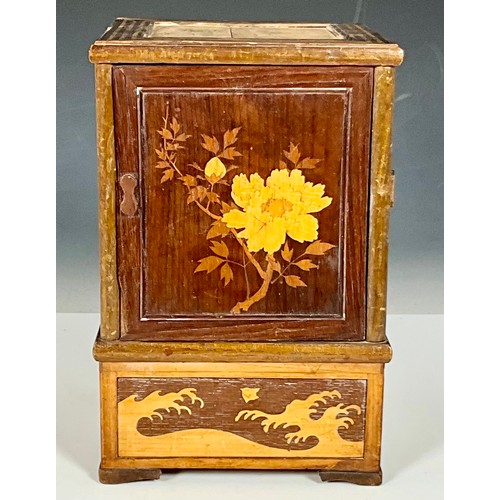 394 - A VINTAGE MARQUETRY INLAID ROSEWOOD TABLE TOP SMOKERS CABINET CONSISTING OF 4 DOOR AND A 4 WAY DRAWE... 