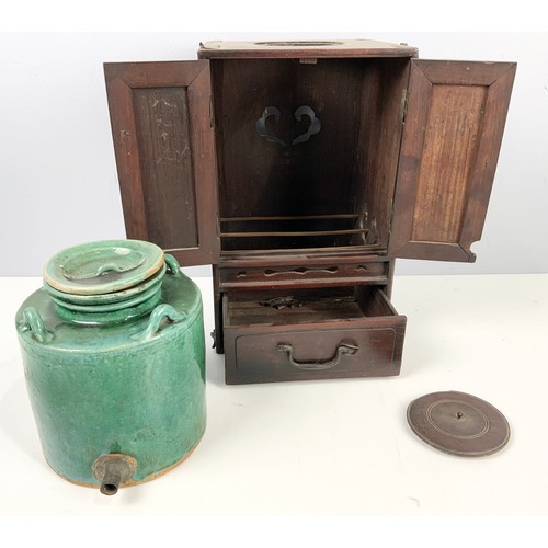 414 - ORIENTAL TABLE CABINET 34cm TALL  WITH POTTERY JAR / KETTLE WITH GREEN GLAZE