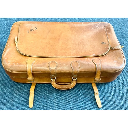 433 - BROWN LEATHER SUITCASE WITH INITIALS P.W.F. (P W FISHER) INC. KEYS