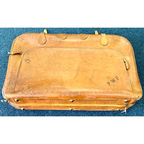 433 - BROWN LEATHER SUITCASE WITH INITIALS P.W.F. (P W FISHER) INC. KEYS