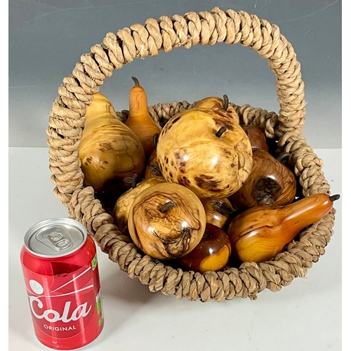 388 - BASKET CONTAINING CARVED FRUITS IN A VARIETY OF DIFFERENT WOODS