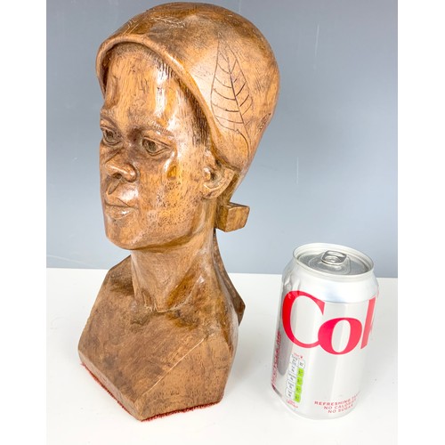 389 - CARVED WOODEN BUST ETCHED LOVE MORE 28cm TALL