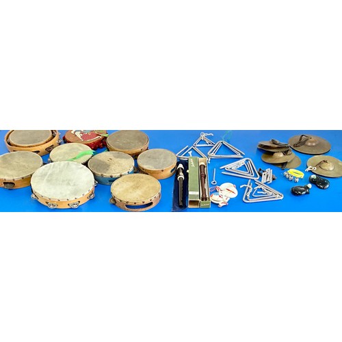 470 - COLLECTION OF VINTAGE PRIMARY SCHOOL INSTRUMENTS INC. TAMBOURINES, TRI-ANGLES, RECORDERS AND CYMBALS