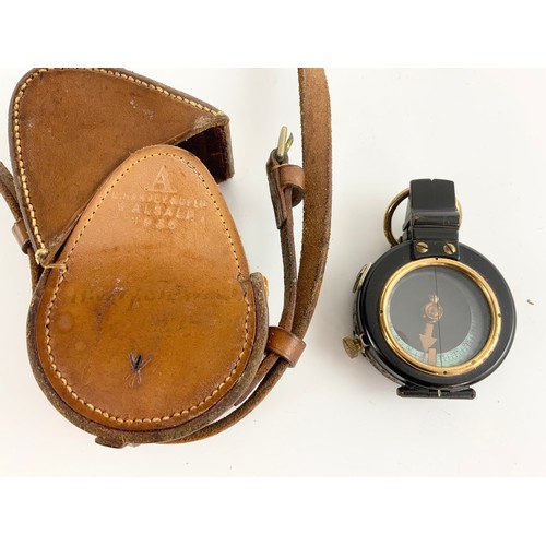 485 - BARKER MK.IX MILITARY MARCHING COMPASS IN ORIGINAL LEATHER CASE WITH CROW’S FOOT MARKS