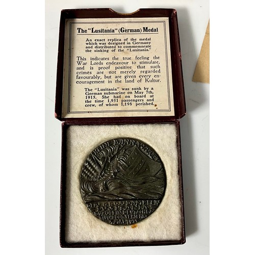 487 - LUSITANIA MEDAL IN BOX WITH BOOK AND CUTTINGS