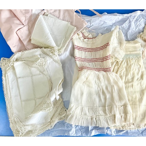 503 - MISC. LINEN AND LACE INC. CHRISTENING DRESS, BABY CLOTHES POSSIBLY A BRUSSELS LACE BONNET ETC.