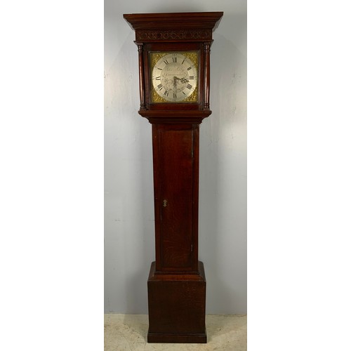 296 - OAK  LONG CASE CLOCK WITH BRASS DIAL AND SPANDRELS, SILVERED CHAPTER RING, 30 HOUR MOVEMENT, SIGNED ... 