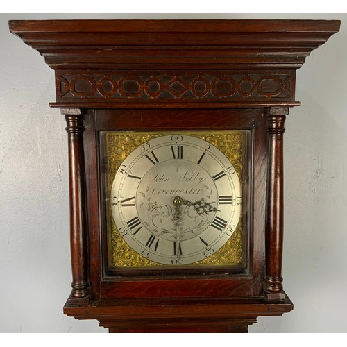 296 - OAK  LONG CASE CLOCK WITH BRASS DIAL AND SPANDRELS, SILVERED CHAPTER RING, 30 HOUR MOVEMENT, SIGNED ... 