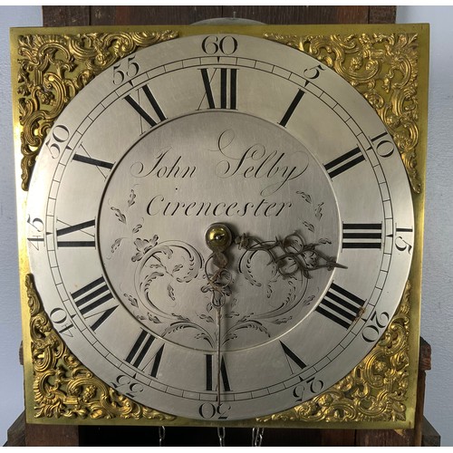 296 - OAK  LONG CASE CLOCK WITH BRASS DIAL AND SPANDRELS, SILVERED CHAPTER RING, 30 HOUR MOVEMENT, SIGNED ... 