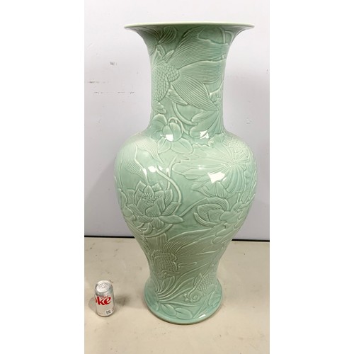 239 - HUGE CELEDON  GLAZED VASE WITH EMBOSSED FLOWERS & FISH DECORATION  92cm TALL