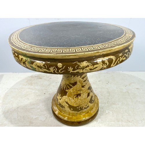 561 - ORIENTAL STYLE GARDEN TABLE 81cm DIAMETER WITH 2 SEATS / STOOLS  BROWN GLAZED DECORATED WITH DRAGONS