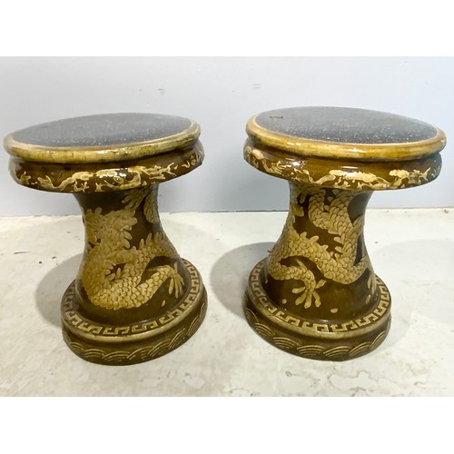 561 - ORIENTAL STYLE GARDEN TABLE 81cm DIAMETER WITH 2 SEATS / STOOLS  BROWN GLAZED DECORATED WITH DRAGONS