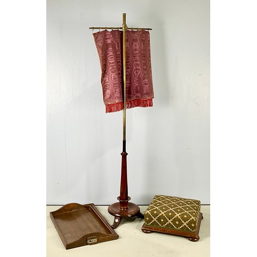 679 - 19TH CENTURY MAHOGANY AND BRASS POLE SCREEN WITH BEADED VELVET HANGING BANNER T/W BEADED CUSHION FOO... 