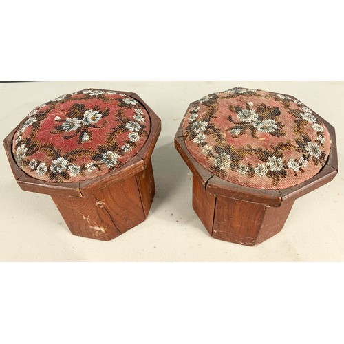 683 - PAIR OF OCTAGONAL STOOLS WITH BEADED TOPS AND ONE OTHER ROUND TOP DITTO