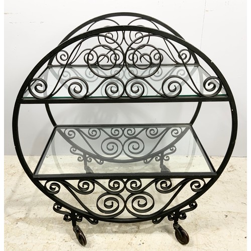 623 - WROUGHT IRON TROLLEY WITH 2 GLASS SHELVES 77cm TALL