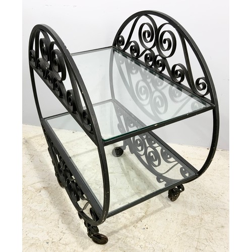 623 - WROUGHT IRON TROLLEY WITH 2 GLASS SHELVES 77cm TALL