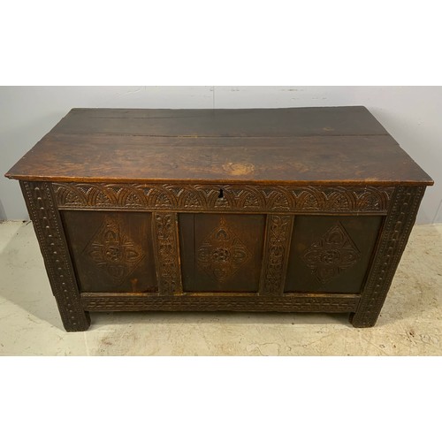 661 - ANTIQUE CARVED OAK COFFER NICE PATINA  WIDTH 130cm